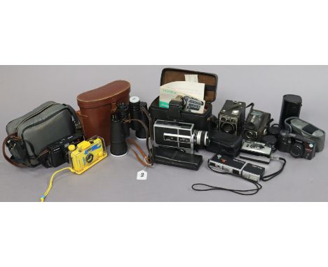 A pair of Zenith “Continental” 10 x 55mm field glasses, cased; &amp; various cameras &amp; accessories.