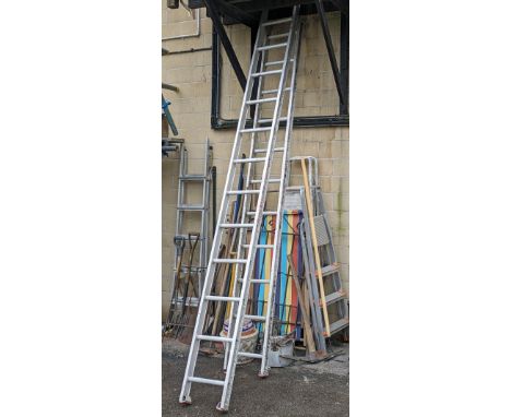 A Clima 6.3m aluminium extending ladder, &amp; various garden &amp; hand tools, etc.