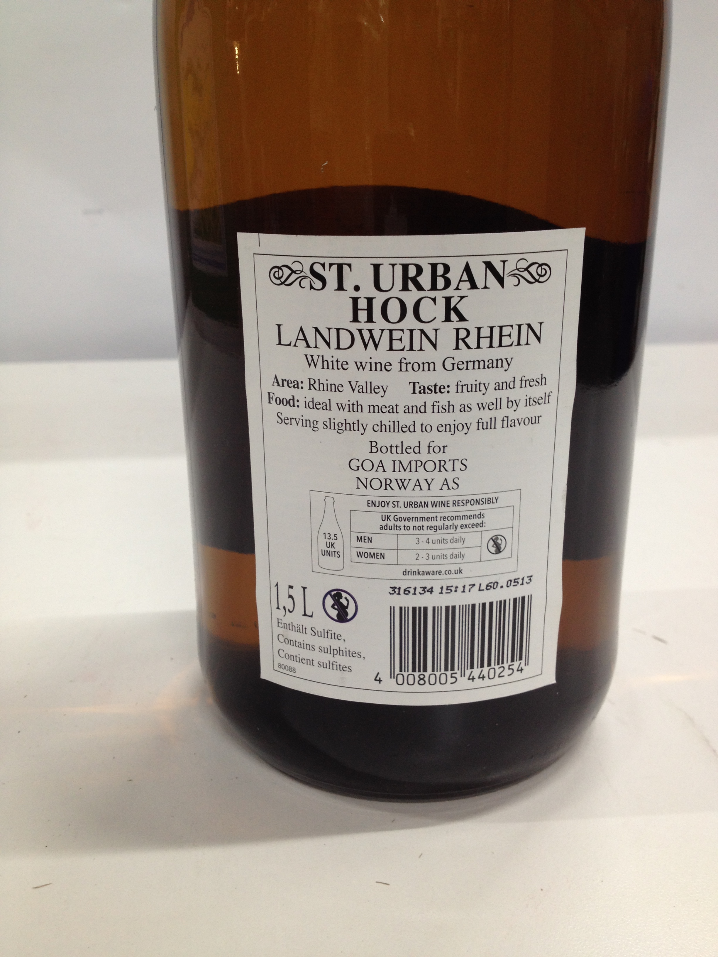 12 x 1.5L Bottles St. Urban Hock White Wine Expiry Date 13/05/2016