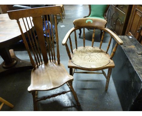 An oak Art Nouveau bobbin turned chair and a Windsor style armchair 