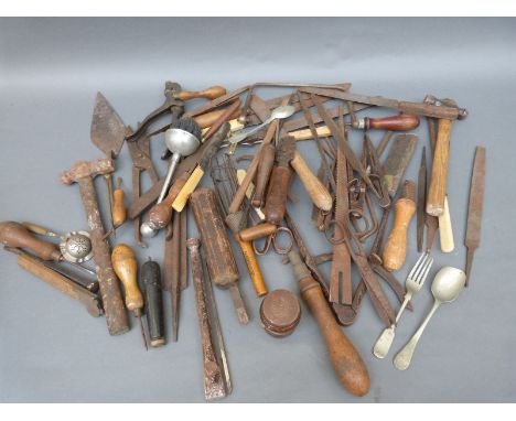 A quantity of vintage tools including files, large dividers, Cadbury whisk etc