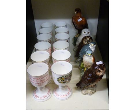 Royal Doulton full set 'The Twelve Days of Christmas' goblets together with five Royal Doulton ceramic scotch whisky owls and