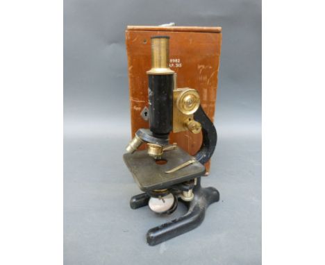 W R Prior & Co of London brass microscope in wooden box complete with lenses, stamped 8982 HP 313 to case and instrument