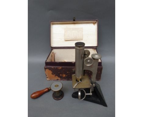 Beck microscope and accessories in case, the frame impressed 14120, together with a cased set of scales. 