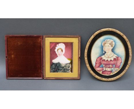 A 19thC portrait miniature on ivory of a lady with bonnet in leather case mount and one other