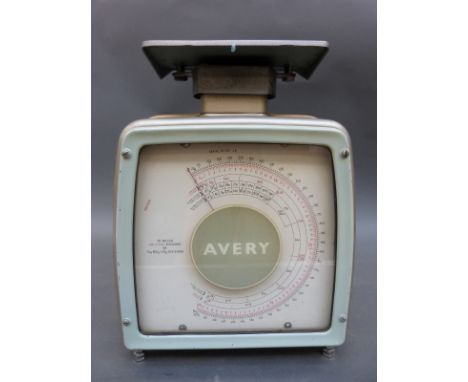 A set of Avery post office scales with decimal prices to dial, in steel finish with duck egg blue dial frame