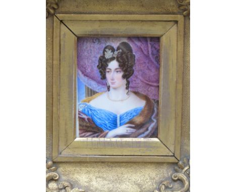 A 19thC portrait miniature on ivory of a lady with fur stole, signed lower right A.F.Blyth, 10 x 8cm