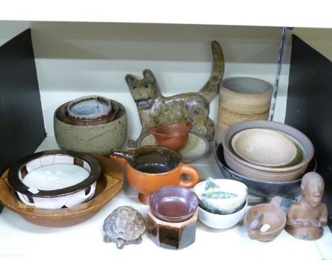 A quantity of studio pottery including a large cat impressed AN to underside, vase marked K Harding, tortoise marked Russell 