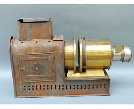 A late 19thC H Baird Edinburgh magic lantern with later electric light, marked No 2459