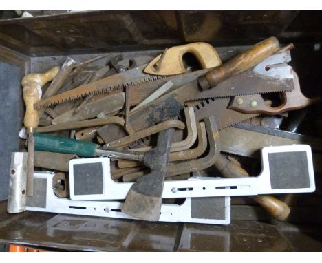 A quantity of mainly woodworking tools including a Marples mortice gauge, saws, chisels etc