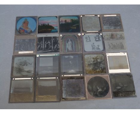 A quantity of magic lantern slides to include Queen Victoria, steam boat in a jungle, The Children's Home and the Queen's Glo