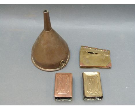 A group of vintage brass items, a trench art book shaped lighter dated 1917, two Art Nouveau matchbox covers and a vintage co