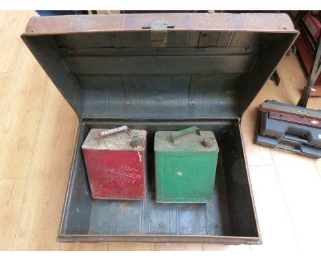 Two vintage two gallon petrol cars and tin trunk 