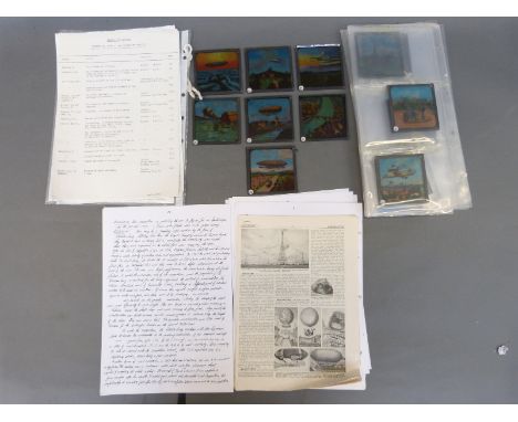 A collection of 23 coloured glass lantern slides illustrating the progress of flight from the Great Bird (Passardo) 1709 thro