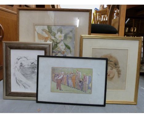 Euphen Alexander (Scottish 1917-2008) watercolour of flowers, 23 x 33cm, a Rosa Bonheur lithograph of a horse and two further
