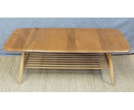 A retro Ercol light elm coffee table with undershelf (H36 x L103 x W46cm)