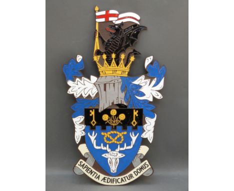 A heavy bronze and enamel armorial plaque with Latin motto "Sapienta Aedificatur Domus" - Wisdom Builds a Home (62cm tall)