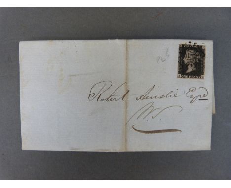 A penny black on cover post marked Feb 26 1821 jk plate 5, with black Maltese cross cancellation