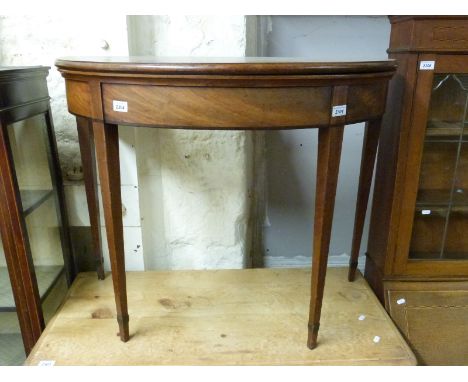 A 19thC mahogany demi-lune fold over card table with green baize surface (H74 x W94 x D46cm)