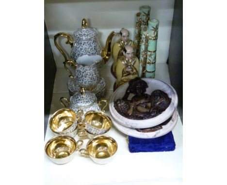 Two relief plaques, a decorative coffee set, two figural vases, cased scales etc