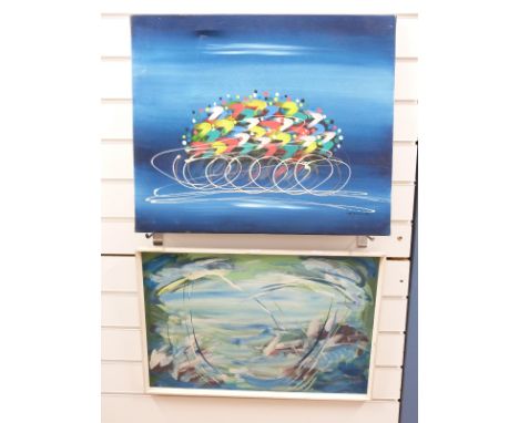 Modern acrylic on canvas cyclists, indistinctly signed possible R. Kene, 52 x 62cm and another abstract work signed William A