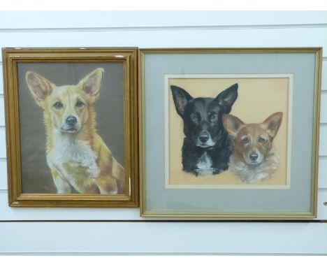 Three Pauline Edwards pastels one portrait of two Corgi dogs (32 x 36cm) one portrait of a Corgi (40 x 32cm) and one of two A