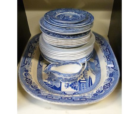 A quantity of blue and white ceramics including some Spode, together with a large meat platter and Alfred Meakin plates