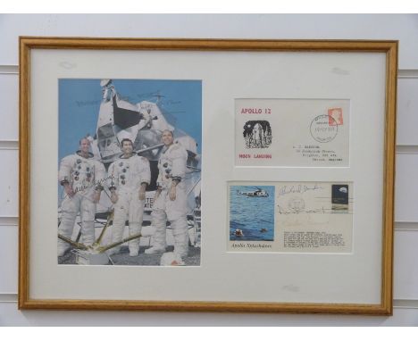 A framed Apollo 12 montage comprising picture signed by astronauts Alan Bean, Richard Gordon and Charles Conrad and similarly