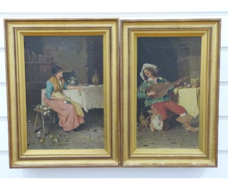 A pair of 19th/early 20thC continental oil on canvas, one a gentleman playing a lute the other a lady making posies, one indi