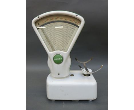 A set of Avery grocer's scales in white enamel finish with prices to the scales dial in pre-decimal 1d and 1/2d divisions