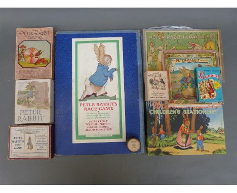 Beatrix Potter Race Game, folding board & figures with early Peter Rabbit card game, vintage stationery sets, Peter Rabbit Cr