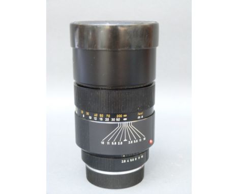 Leitz Wetzlar Elmarit 180mm f2.8 R series lens S/N 22261 xx c/w both cahs in pouch