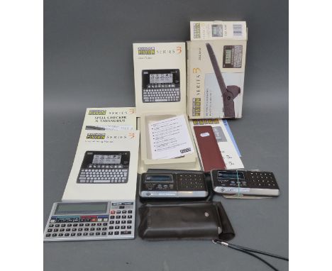 A collection of vintage calculators including Casio FX-730P, CQ-1X3 Psion series 3 box and booklet (no computer), Kingson cal