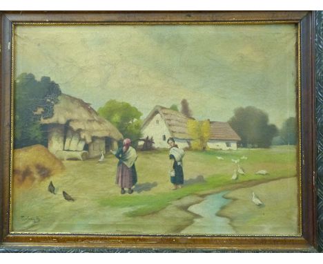 Zsolnay B Oil on canvas Hungarian village scene, 56 x 78cm 