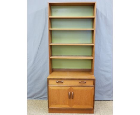 A retro G Plan bookcase with single drawer and twin cupboard with shelf under (H200 x W84 x D46cm)