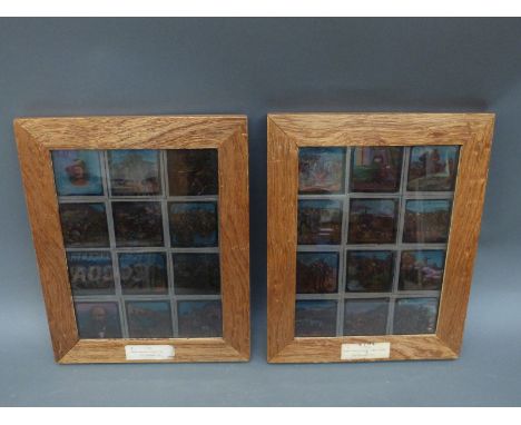 Two framed sets of coloured magic lantern slides depicting the Transvaal War, 24 slides in total. One frame contains slides 1