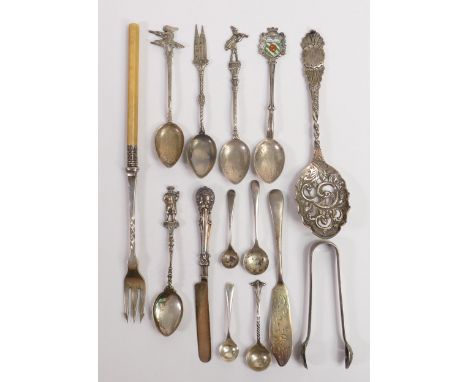 A collection of British and Continental Silver cutlery including spoons, tongues etc, 168g. 