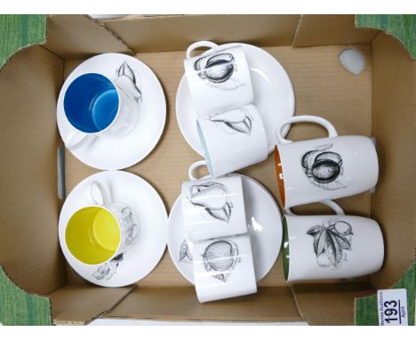 A collection of Susie Cooper Coffee Cans with saucers together with similar mugs decorated with fruit(14) 