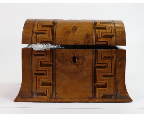 Victorian walnut tea caddy with Tunbridge parquetry decoration: Measures 22.5cm wide, complete with original inlaid lids, loc