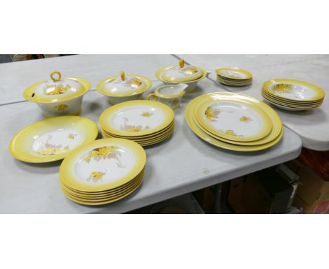 Shelley Yellow Phlox Patterned dinner ware to include, soup tureen, tureens, dinner plates rimmed bowls, platters sauce boat 