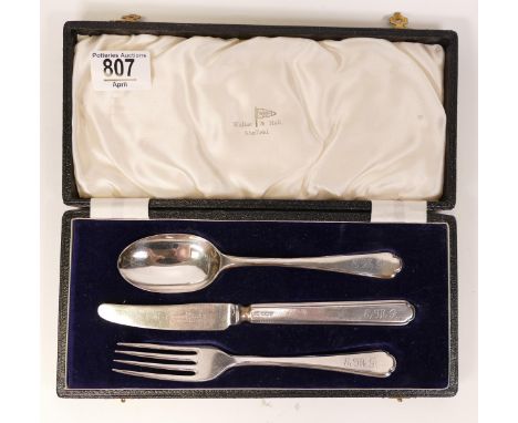 Cased hallmarked silver knife, fork &amp; spoon, weight excluding knife 102.7g. 