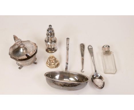 Small assorted collectables &amp; silver, includes sterling mustard, spoon &amp; pepper, toddy ladle minus handle, silver han