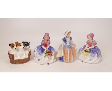 Royal Doulton lady figures to include Monica Hn1467 x 2 , Dinky Do HN1678 and puppies in a basket HN2588 (4) 