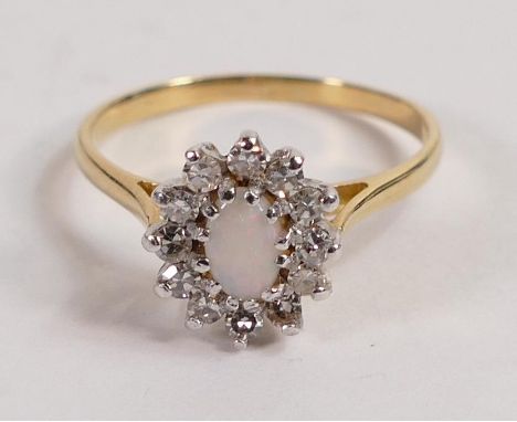 18ct yellow gold Opal &amp; diamond cluster ring, size S, weight 3.3g. 