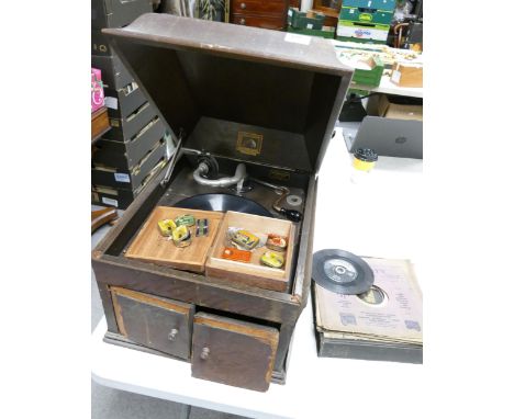 Distressed HMV Model 109 Table top gramophone with needle tins &amp; accessories 