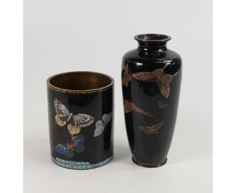 Cloisonne Enamel Vase &amp; Pot decorated with butterflies, height of tallest 15.5cm(2) 