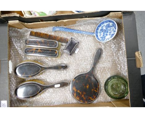 Six Piece Silver &amp; Faux Tortoise Shell together with large pottery ladle, box of odd badges and mid century glass 