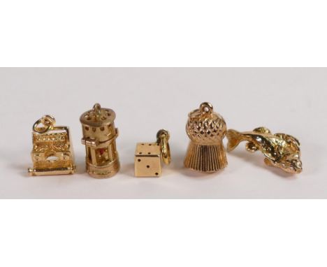 Five 9ct gold charms, typewriter,miners lamp, fish, thistle and dice,10.6g. (5) 
