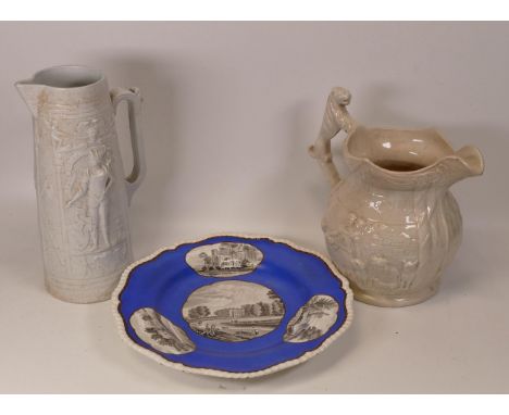 High Relief 19th Century Heraldic theme jugs together with similar Spode Cabinet Plate of Knypersley Hall July 18th 1822, tal