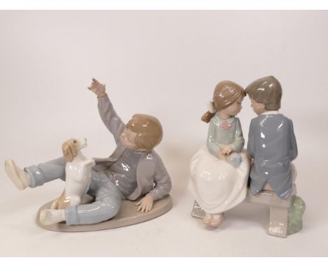 Nao Figures of Boy with Puppy &amp; Children Sitting on Lovers Bench, height 26cm(2) 